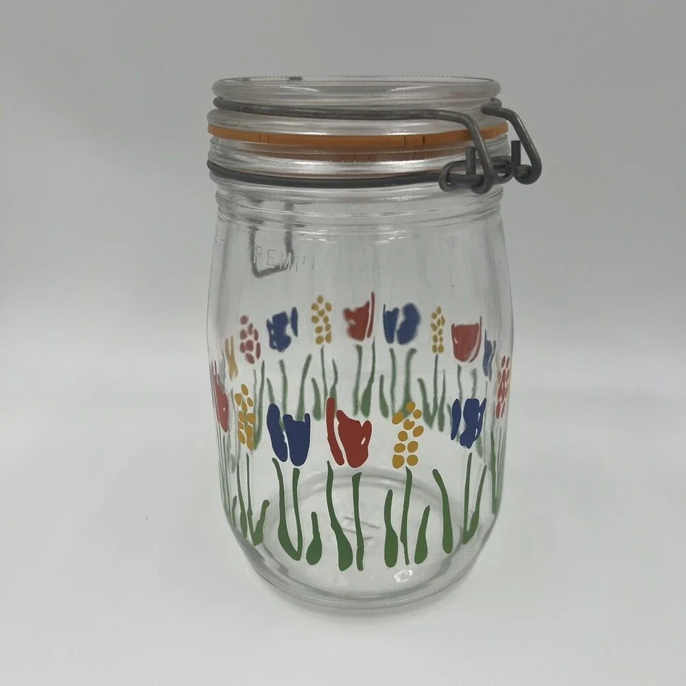 1 L Arc France Glass Canister Jar Tulip Floral Hinged‎ Lid